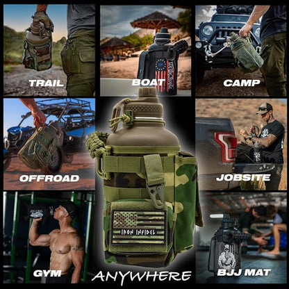 Iron Infidel Battle Bottle - Half Gallon Water Bottle Insulated, 64 oz Stainless Steel Water Jug with Handle- Gym Water Bottle for Men with Rugged Sleeve for Storage (Woodland 2 Liter)