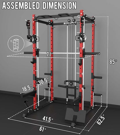Eonfit E3 Smith Machine with 360°Rotating Arm for Home Gym Equipment, Multi-Function Power Cage Squat Rack with Cable Crossover LAT Pulldown Pulley System All in One