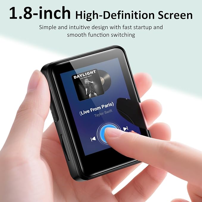 1.8 inch MP3 Player with Bluetooth, 32GB Digital Music Player for Kids, Portable Mini Bluetooth MP3 Player with Speaker Lossless Sound with FM Radio, Voice Recorder, Supports up to 512GB, Black