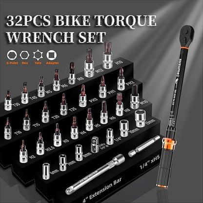 1/4-Inch Bike Torque Wrench 32PCS (20-220 in.lb/2.3-24.9 N.m) Reversible Head Dual-Scales 1/4 Torque Wrench 72 Tooth ±3% High Accuracy Click Torque Wrench Set For MTB Bicycle Maintenance