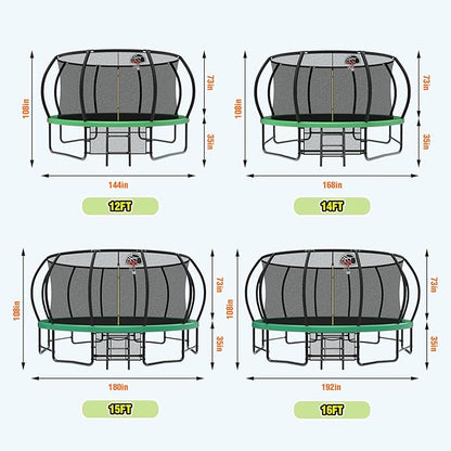 10 12 14 15 16FT Outdoor Trampolines for Kids and Adults, Pumpkin Trampoline with Curved Poles, Recreational Trampoline with Basketball Hoop and Safety Enclosure Net for Kids and Adults