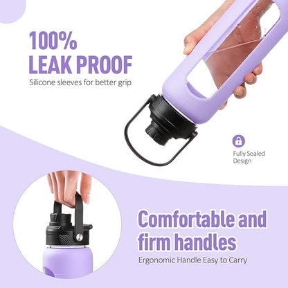 Kodrine Water Bottle with Straw, 24 oz Glass water Bottle with 2 Lids Bamboo Straw Lid and Spout Lid with Handle, 32 oz Clear Water Bottle Glass for Sports Travel, Waterbottle with Time Marker