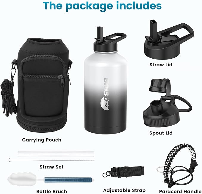 Insulated Water Bottle 64 oz, Triple Wall Vacuum Stainless Steel(Cold for 48 Hrs),Leak Proof & BPA-Free,Half Gallon Water Bottle with Reflective Paracord & Flip Straw for Sports & Travel, DarkGray