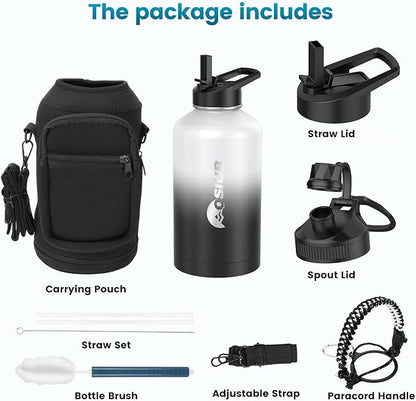 Insulated Water Bottle 64 oz, Triple Wall Vacuum Stainless Steel(Cold for 48 Hrs),Leak Proof & BPA-Free,Half Gallon Water Bottle with Reflective Paracord & Flip Straw for Sports & Travel, DarkGray