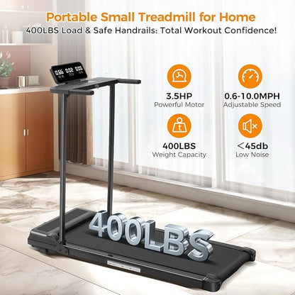 Folding Walking Pad Treadmill with Handle Bar, 3.5HP Compact Portable Foldable Walking Pads Treadmill with Handles, Electric Small Treadmills for Home Office Apartment, LED Display, 400 LBS Capacity