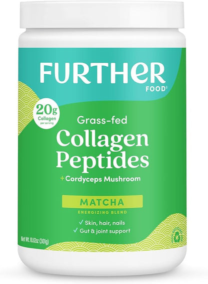 Further Food Matcha Collagen Peptides Powder - Organic Matcha & Cordyceps for All Day Energy, Mental Clarity & Immunity & Premium for Gut Health, Joints, Skin, Hair & Nails 10.62 oz