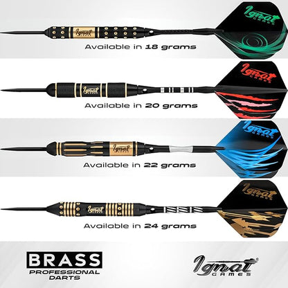 IgnatGames Premium Steel Tip Darts – 3/6/12 Pack Brass Barrels with Aluminum Shafts, 16 GlideXPro Flight Set, Tool Kit & Giftable Case