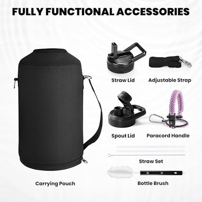 One Gallon Water Bottle Insulated, Triple Walled Vacuum Stainless Steel (Cold for 48 Hrs), Leak Proof & Non-BPA, Large Water Flask Jug with Paracord Handle & Straw Spout Lids