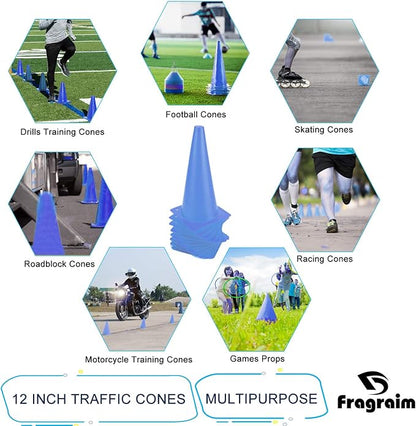 12 Inch Traffic Training Cones, Plastic Safety Parking Cones, Agility Field Marker Cones for Soccer Basketball Football Drills Training, Outdoor Sport Activity & Festive Events - 6 Colors