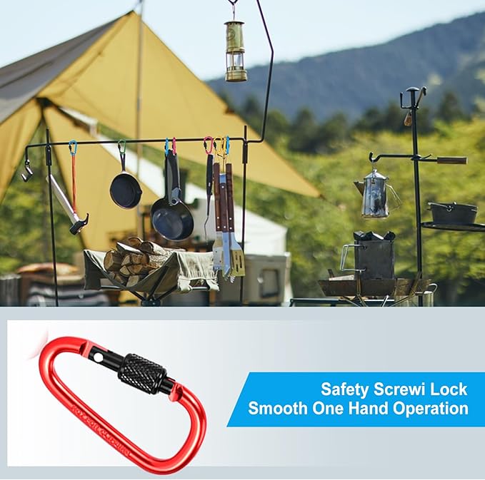 10 Pack Aluminum D Ring Key Rings Hiking Clips Locking Carabiner for Hiking Camping Fishing and Outdoor Use，Clips with Screw Gate Multicolored