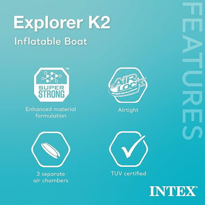 Intex 68307EP Explorer K2 Inflatable Kayak Set: Includes Deluxe 86in Aluminum Oars and High-Output Pump – SuperStrong PVC – Adjustable Seats with Backrest – 2-Person – 400lb Weight Capacity