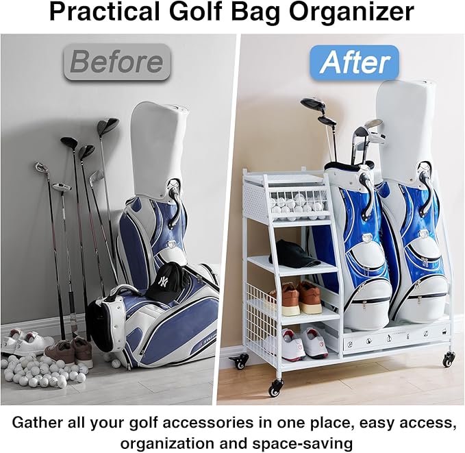Lauren&Harold Golf Bag Organizer Garage Storage, Golf Storage Rack Stand Fits 2 Golf Bags, Golf Clubs and Other Golfing Equipment Accessories, Golf Organizer for Garage, Club, Shed, Basement