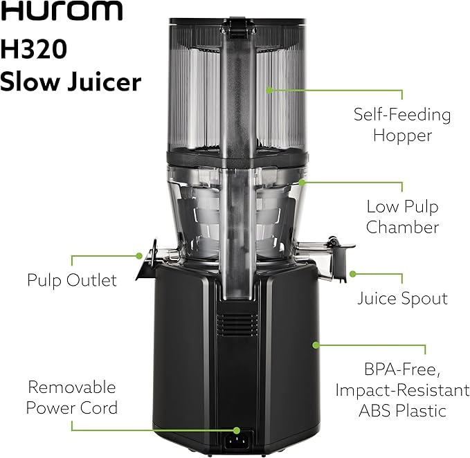 Hurom H320 Cold Press Juicer Machine, Easy to Clean Masticating Slow Juicer, Coarse Strainers, Self-Feeding, Hands Free, Family Size, Quiet Motor, Easy Assembly (Black)