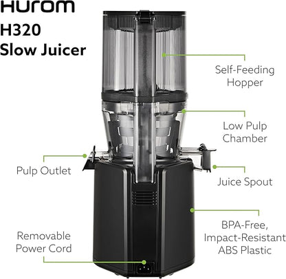 Hurom H320 Cold Press Juicer Machine, Easy to Clean Masticating Slow Juicer, Coarse Strainers, Self-Feeding, Hands Free, Family Size, Quiet Motor, Easy Assembly (Black)