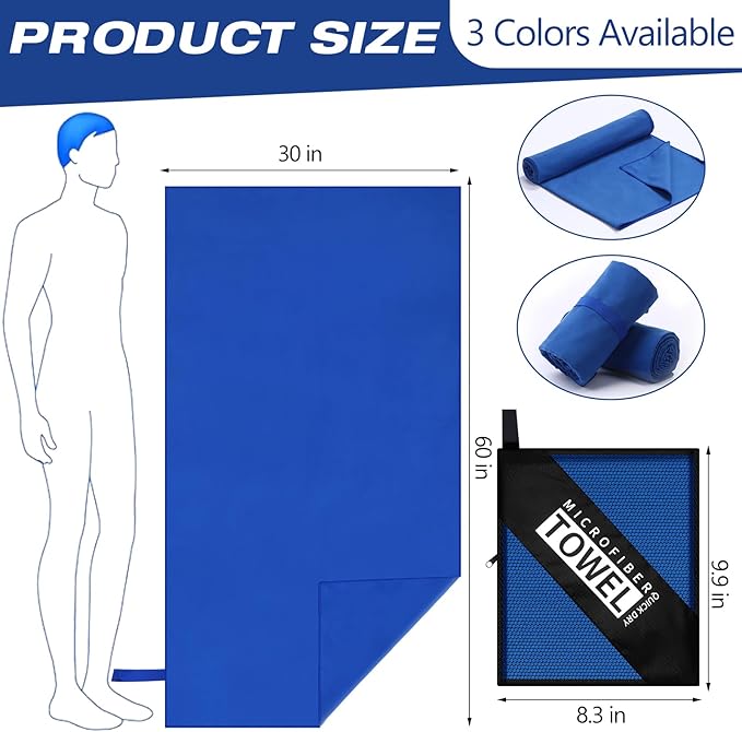 2 Pack Microfiber Beach Towel Large Travel Towel 60 x 30 Inch