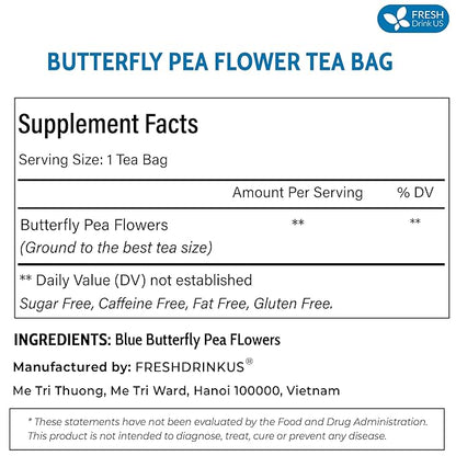 FreshDrinkUS, Premium 75 Tea Bags Blue Butterfly Pea Flowers, 100% Natural and Pure from Butterfly Pea Flowers, Made With Natural Material Tea Bag, No Sugar, No Caffeine, No Gluten, Vegan