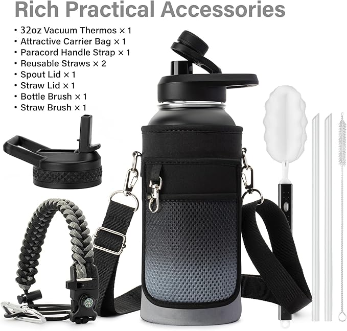Insulated Water Bottle | Thickened Stainless Steel Vacuum Metal | Portable Sports Water Jug for Gym and Hiking with Straw, Carrier Bag, Handle Strap | BPA-Free 32 oz