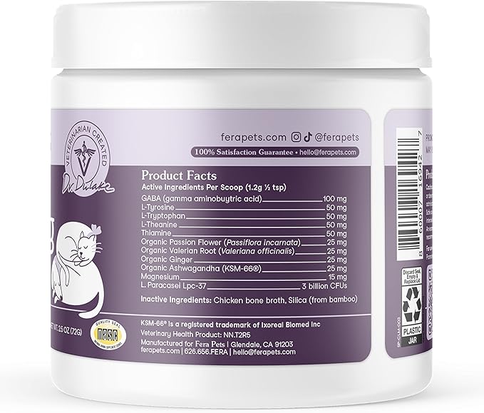 Fera Pet Organics Calming Supplement for Dogs & Cats - Vet Created - GABA & Ashwagandha Supplements Help Cat & Dog Stress or Hyperactivity -60 Scoops