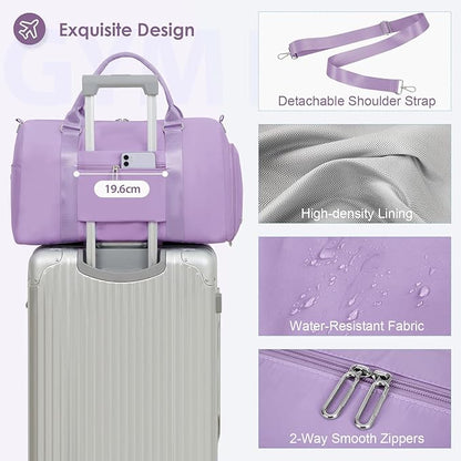 FIORETTO Womens Gym Tote Duffle Bag with Toiletry Bag, Sports Duffel Overnight Hospital Workout Carry on Bag for Girls with Wet Pocket & Shoe Compartment, Ideal for Travel, Swimming, Dance Purple