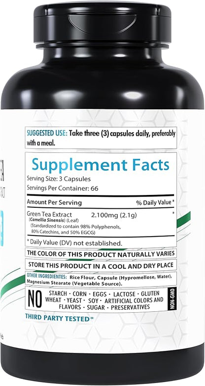 EGCG Green Tea Extract Supplement, 2100mg | 200 Capsules | Standardized 50% EGCG, 98% Polyphenols | 80% Catechins | Non-GMO | Gluten-Free