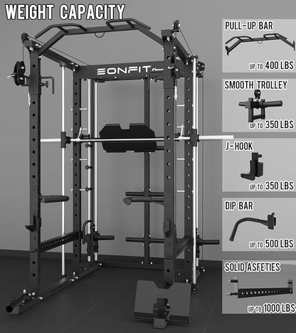 Eonfit E5 Smith Machine with Vertical Leg Press, Power Cage Squat Rack with LAT-Pull Down Cable Crossover Rotating Arms System Home Gym Equipment All in One (E5 RED)