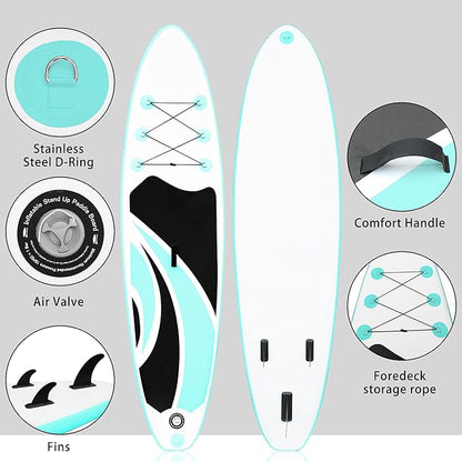 Inflatable Stand Up Paddle Board 10‘x30‘‘- Ultra-Light SUP with Backpack, Pump, Paddle, Coil Leash, 3 Fins, Repair Kit, Stable Design, Non-Slip EVA Deck for Adults & Youth