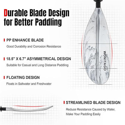Kayak Paddle with Aluminum Shaft and Reinforced PP Blade, Floating Kayak Oar for Kayaking Canoeing and Boating, 220 cm/86 inches - 230 cm/90 inches