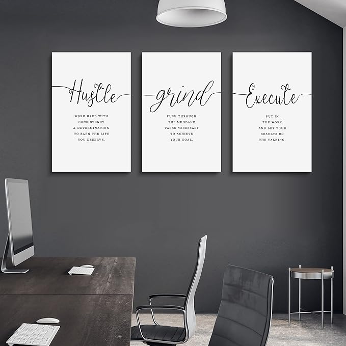 EPHANY Inspirational Wall Art - Large Office Wall Decor Painting, Hustle Grind Execute Quotes, office wall art,working room wall decor, gift for boss (H-3pcs,24x36inchx3pcs)
