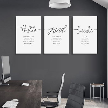 EPHANY Inspirational Wall Art - Large Office Wall Decor Painting, Hustle Grind Execute Quotes, office wall art,working room wall decor, gift for boss (H-3pcs,24x36inchx3pcs)