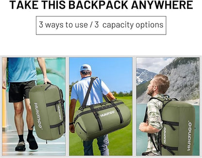 40L/60L/90L Large Waterproof Duffle Bag Backpack for Men, Mens Duffel Backpack Bags for Traveling, Heavy Duty (Green, 60L)