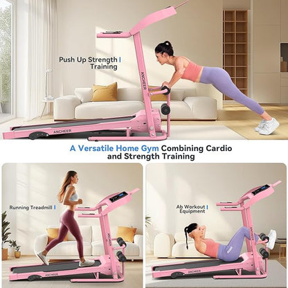 ANCHEER Foldable Treadmill with Sit Up Bench, 2025 Upgrade 3.5HP Portable Treadmills for Home with Incline 350 lbs Capacity, Smart LCD Display Body Fat& Heart Rate, Multifunction Exercise Equipment