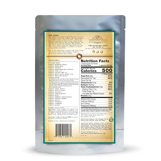 Functional Formularies Liquid Hope Peptide Organic Tube Feeding Formula and Nutritional Meal Replacement Supplement, 12 Oz Pouch, Pack of 24