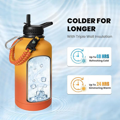 One Gallon Water Bottle Insulated, Triple Walled Vacuum Stainless Steel (Cold for 48 Hrs), Leak Proof & Non-BPA, Large Water Flask Jug with Paracord Handle & Straw Spout Lids