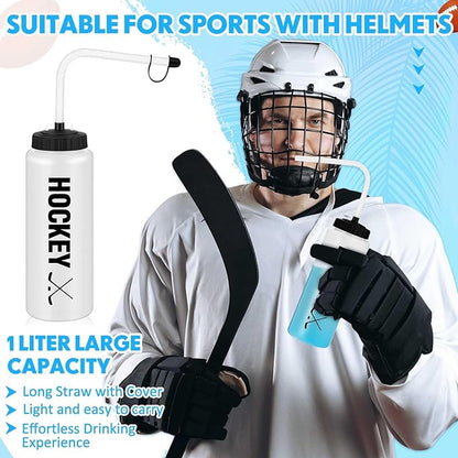 Domensi 2 Pack 1 Liter Sports Water Bottle with Long Straw Hockey Lacrosse 34 Oz Water Bottle Easy Squeeze Plastic Use with Sport Helmet in Football Baseball(Pure Black,Printed)