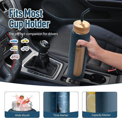 Kodrine Water Bottle with Straw, 24 oz Glass water Bottle with 2 Lids Bamboo Straw Lid and Spout Lid with Handle, 32 oz Clear Water Bottle Glass for Sports Travel, Waterbottle with Time Marker