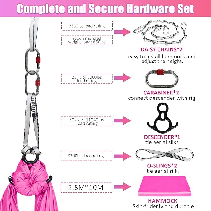 Aerial Silks Kit & Aerial Yoga Hammock - 11Yd Premium Fabric Hardware - Easy Setup for Flying Yoga, Aerial Swing & Fitness - Supports Up to 14ft Rigging