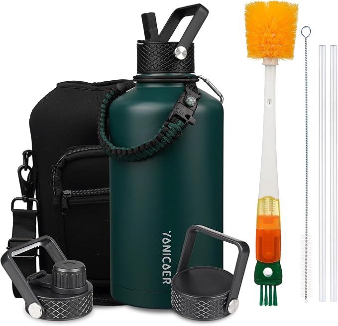 Insulated Water Bottle 64oz,Triple Wall Vacuum Stainless Steel(Dishwasher Safe),Leak Proof & Non-BPA,Flask Jug with Paracord Handle & Straw Spout Lids Sports