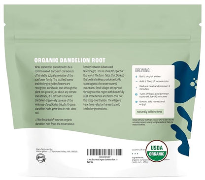 J Mac Botanicals Organic Dandelion Root (8 oz) unroasted, herb for tea and other infusions, Packaged in the USA, Certified USDA Organic