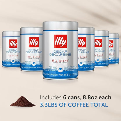 Illy Ground Espresso Coffee, Decaffeinated - Medium Roast - Mild & Balanced - 100% Arabica - Pressurized Packaging Sealed for Freshness - 8.8oz (Pack of 6)