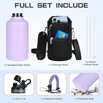 Insulated Water Bottle 64 oz, Half Gallon Water Jug Cold 48H, BPA Free Stainless Steel Bottles with Straw/Chug 2-in-1 Lid, Bag, Paracord Handle, Silicone Boot, Sports Gym School Metal Flask