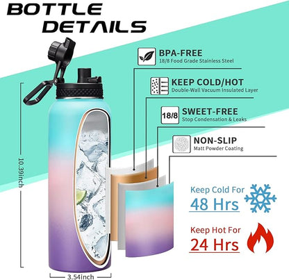 40oz Insulated Water Bottles with Straw and Paracord Handle, Metal Flask Bottle Keep Cold for Cold-48H Hot-24H, Double Vacuum Travel Thermo Mug with Carrying Pouch for Sports Hiking Cycling Running