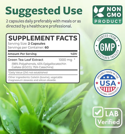 EGCG Green Tea Extract Capsules - Super High Potency Green Tea Pills Antioxidant Rich Formula Packed with Polyphenols Catechins & EGCG - 500mg Per Capsule - Non-GMO & Made in the USA (2 Month Supply)