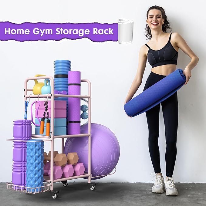 Home Gym Storage Rack Exercise Equipment Storage Organizer for Yoga Mat Dumbbells Kettlebells Foam Roller Yoga Strap & Resistance Bands, Ideal Yoga Mat Holder & Workout Equipment Organizer