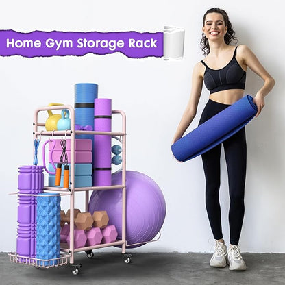 Home Gym Storage Rack Exercise Equipment Storage Organizer for Yoga Mat Dumbbells Kettlebells Foam Roller Yoga Strap & Resistance Bands, Ideal Yoga Mat Holder & Workout Equipment Organizer