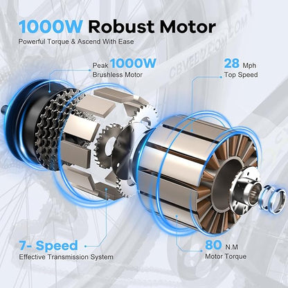 1000 Peak Electric Bike for Adults,up 80 Miles Removable Battery Ebike, 26" Electric E Bike with 7-Speed,Adult Electric Bicycles for Commute Beach Snow Womens All Terrain
