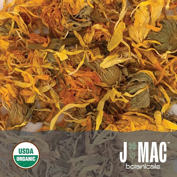 J Mac Botanicals, Organic Calendula Flower (4 ounce), whole dried flowers and petals, loose leaf tea, marigold flower, USDA Certified Organic. Great for loose leaf teas, cocktail bombs, salve