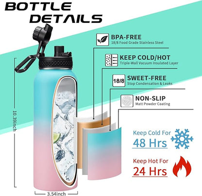 40 oz Insulated Water Bottle - Stainless Steel Water Bottles with Straw & Spout Lids, Paracord Handle, Carrier Bag, Protective Cup Mat, Keep Cold-48H & Hot-12H Metal Water Flask