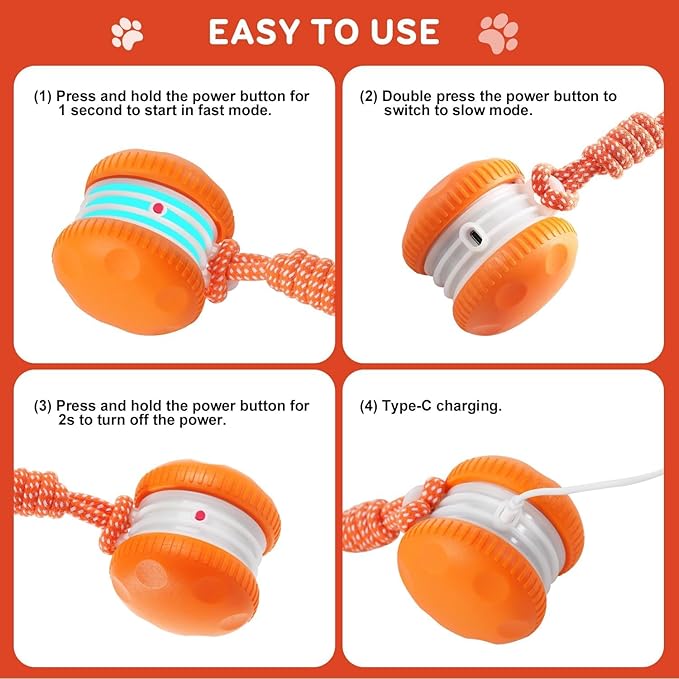 Interactive Dog Toys, Random Path Electric Automatic Moving and Rolling Dogs Toy with Rope for Small Medium Large Dogs, Motion-Activated Dog Stimulation Toy for Boredom Relief (Orange)