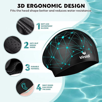 2 Pack Swim Cap for Women Men Adult, Silicone Swimming Caps for Short Long Hair, Waterproof Swim Hats Bathing Caps to Keep Hair Dry with Nose Clip and Earplugs