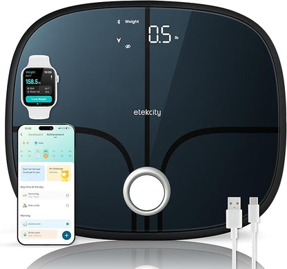 Etekcity Smart Rechargeable Scale for Body Weight, BMI, Fat, Muscle Mass, Digital Bathroom Scale with 13 Metrics, Secret Mode, Bluetooth Connect to Free Apps, Stealth Black